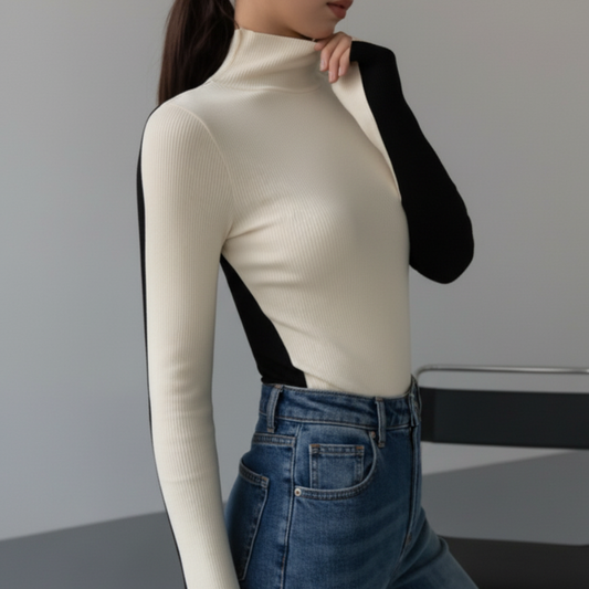 Suéter estrecho bicolor de punto con cuello alto para mujer
