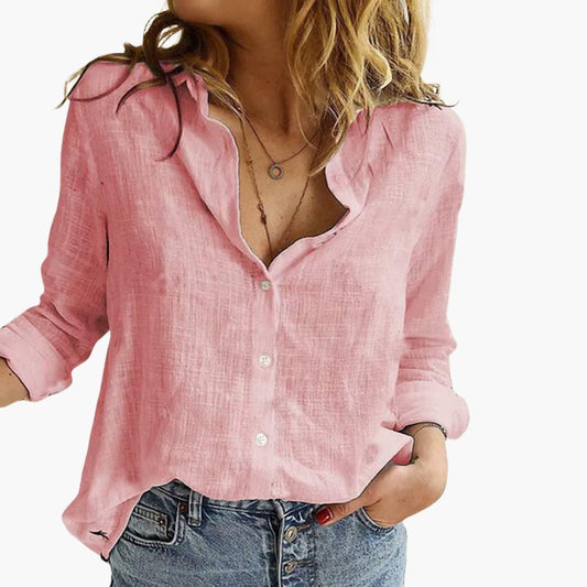 Camisa de mujer de manga larga estilo lino | Ligero casual con botones hacia abajo W