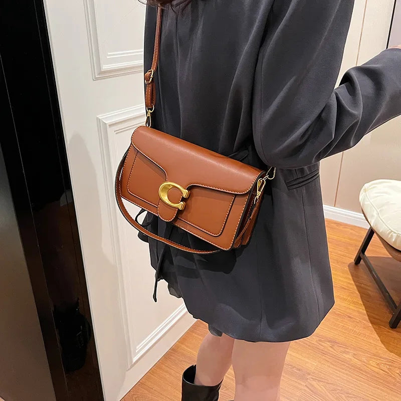 Minimalist Square Leather Crossbody Bag with Brass Buckle