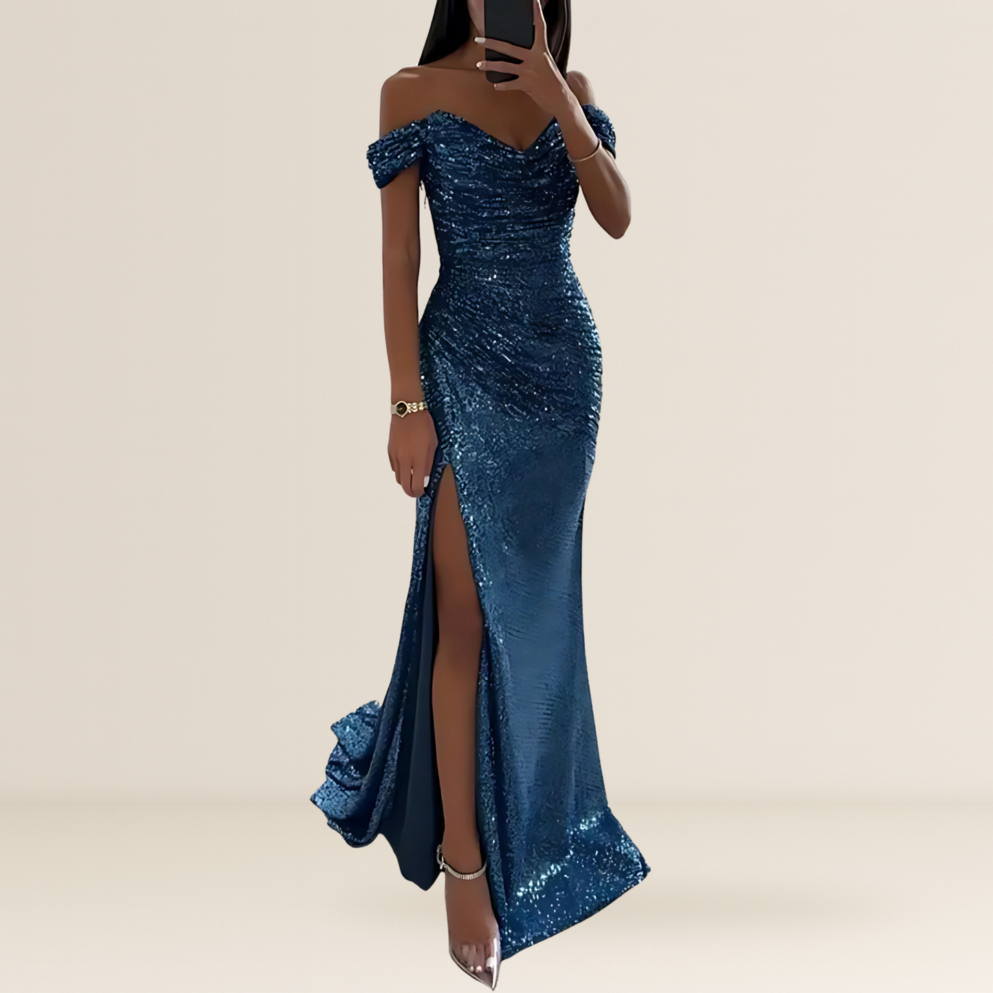 Robe de soirée longue pour femme | Épaules dénudées, paillettes et fente à l'avant
