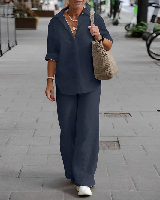 Syrena | Conjunto femenino de 2 piezas con camisa abotonada y pantalones de pierna ancha