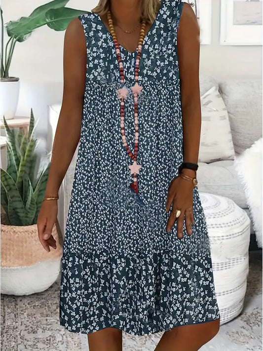 Vestido de verano sin mangas para mujer con escote en V | Blanco con estampado floral
