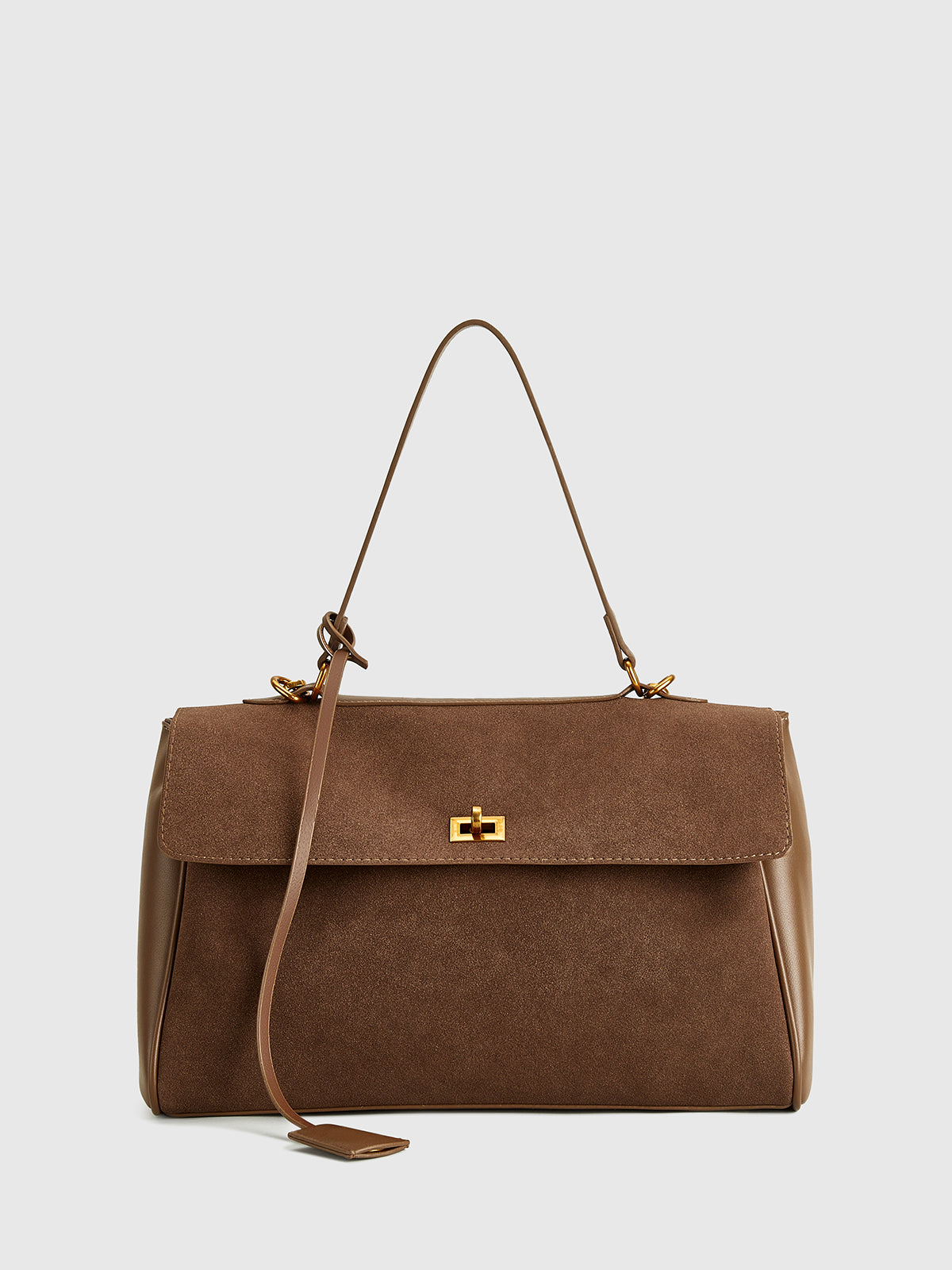 Suede Shoulder Bag with Structured Flap and Leather Trim