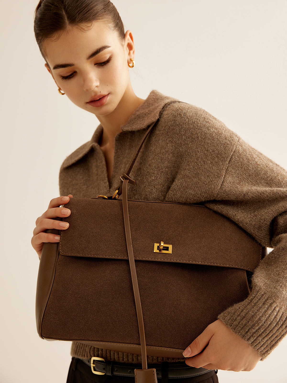 Suede Shoulder Bag with Structured Flap and Leather Trim