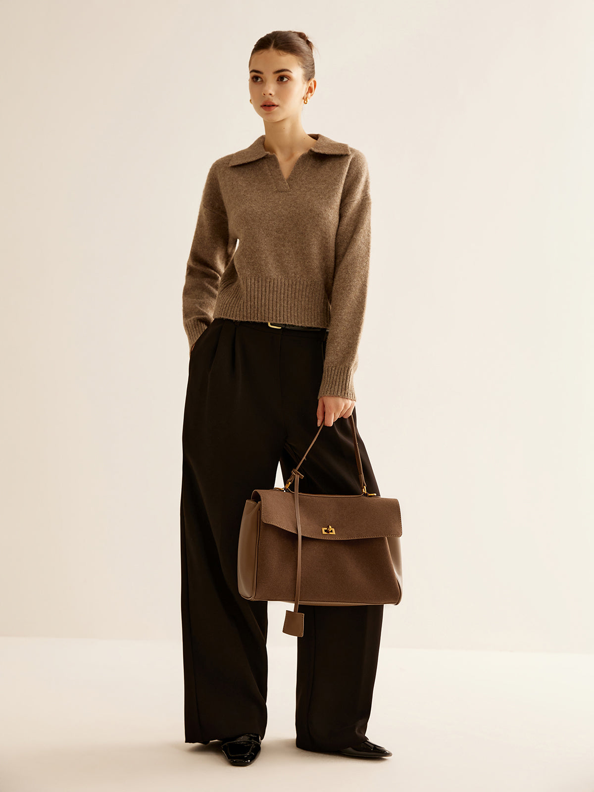 Suede Shoulder Bag with Structured Flap and Leather Trim