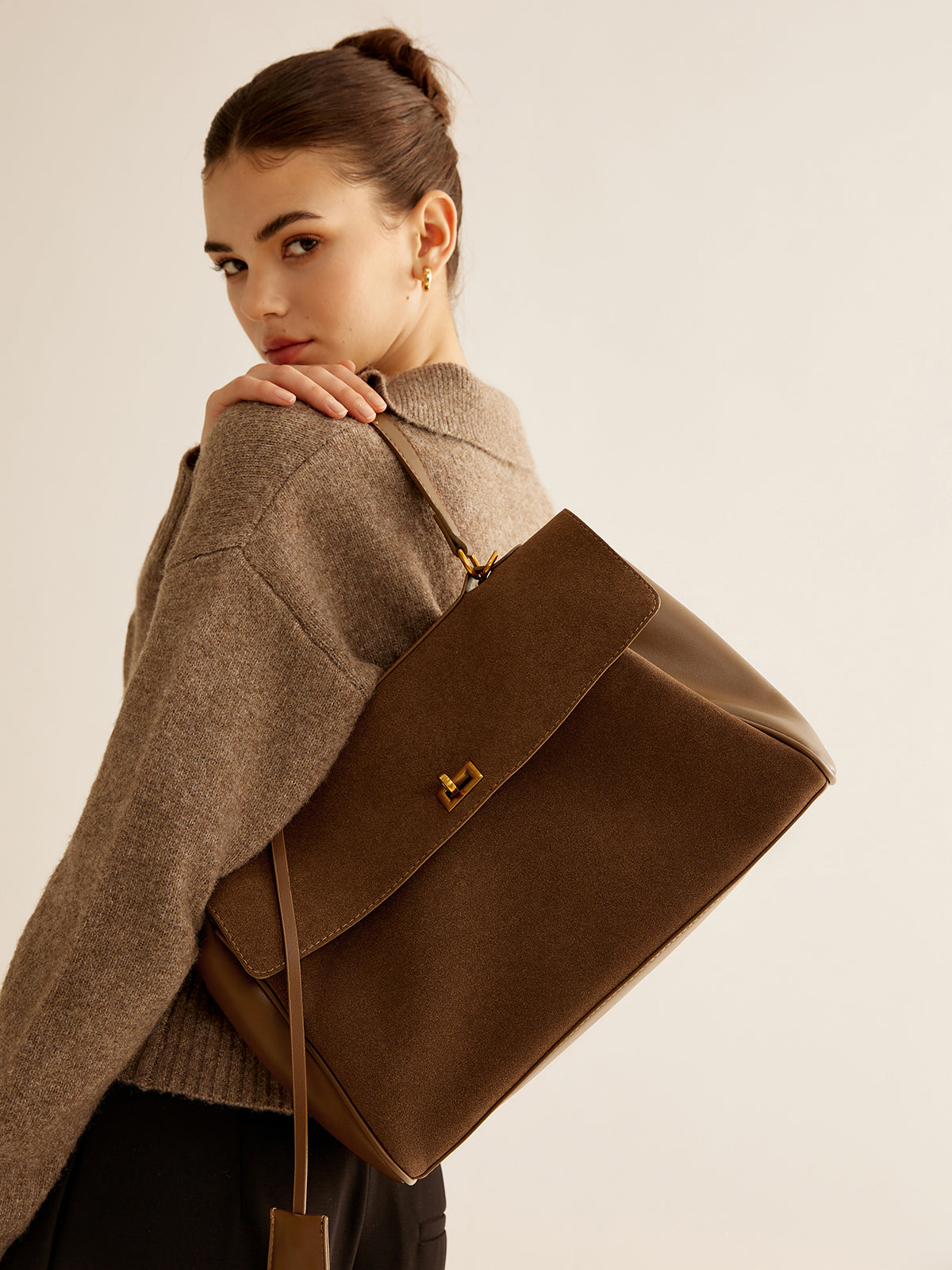 Suede Shoulder Bag with Structured Flap and Leather Trim