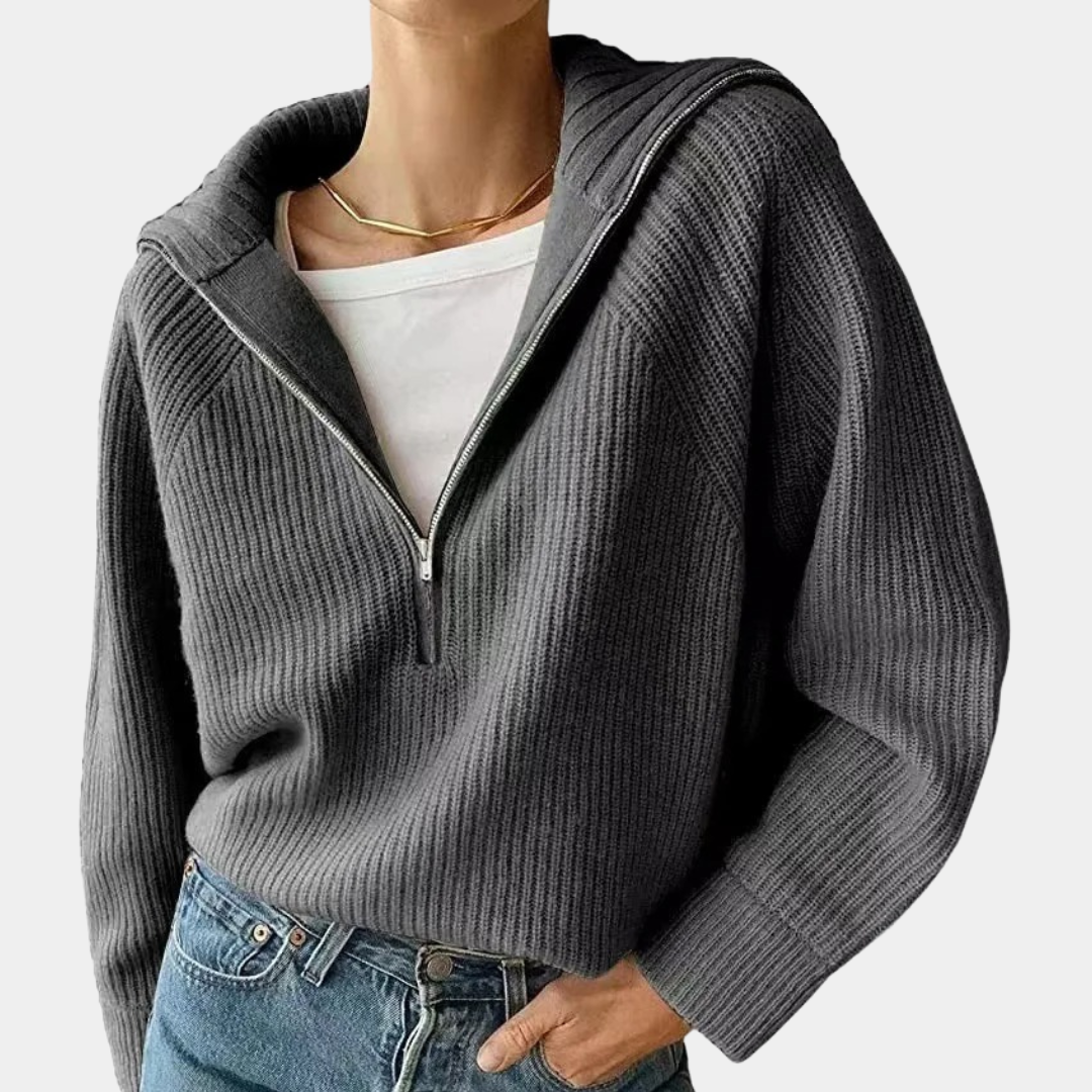 Women's Ribbed Cotton Zipper Sweater | Loose Fit