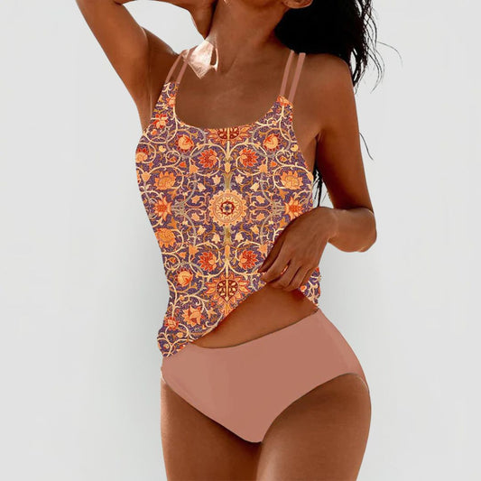 Damska Komplet Tankini W Kwiatowy | Top Z Podwójnymi Ramiączkami I Figi Bikini