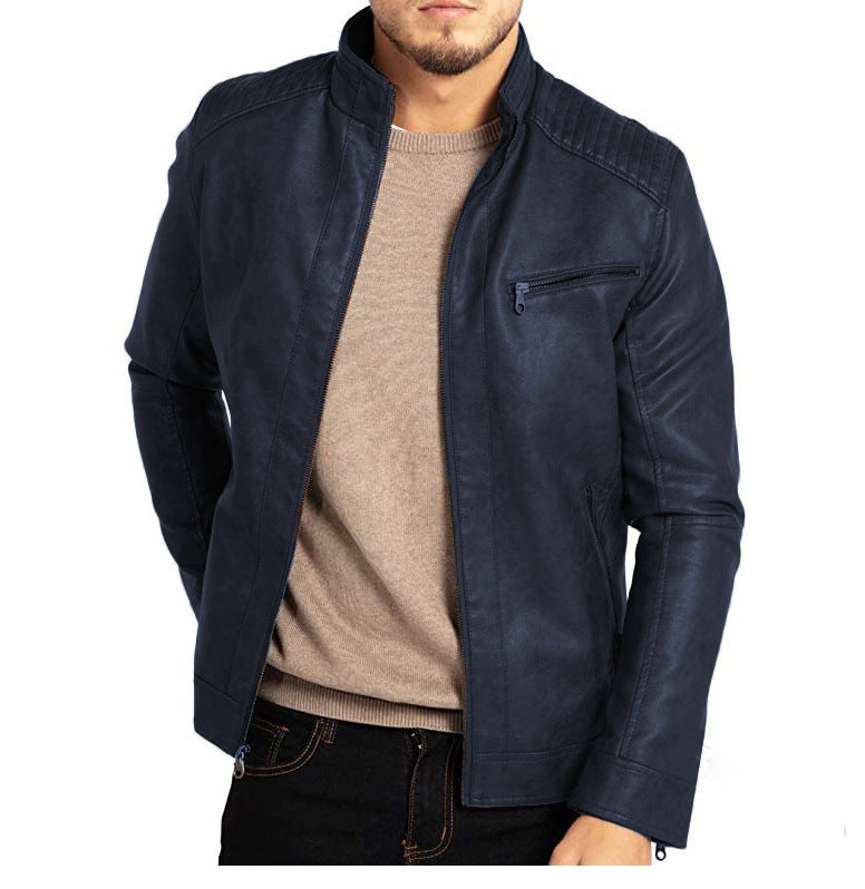 Men's Motorcycle Jacket with Stand-Up Collar and Zipper