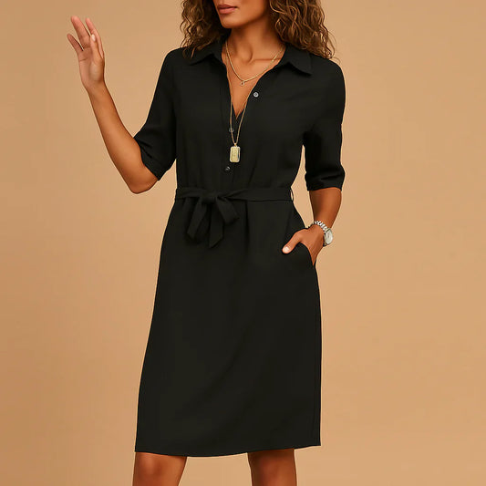 Women's Midi-Length Shirt Dress | Collar with Lapels and Waist Tie Belt