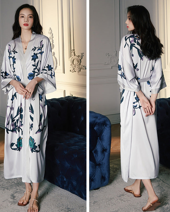 Women's White Satin Kimono Robe with Navy Blue Botanical Print | Luxury Floral Casual Wear