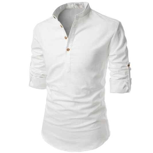 Camisa de lino para hombre con estilo de manga larga | Estilo de verano con cuello de banda