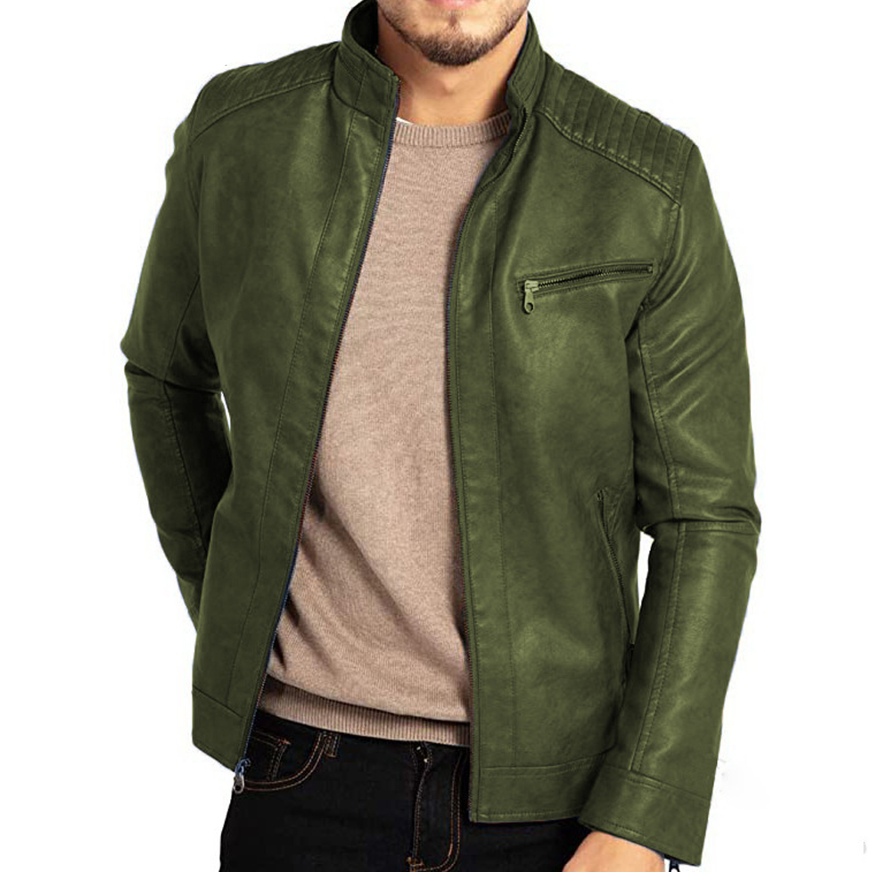 Men's Motorcycle Jacket with Stand-Up Collar and Zipper