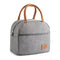 Gray canvas lunch bag with brown handles