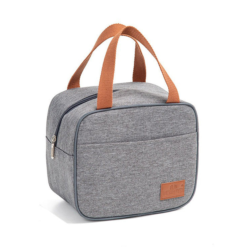 Gray canvas lunch bag with brown handles