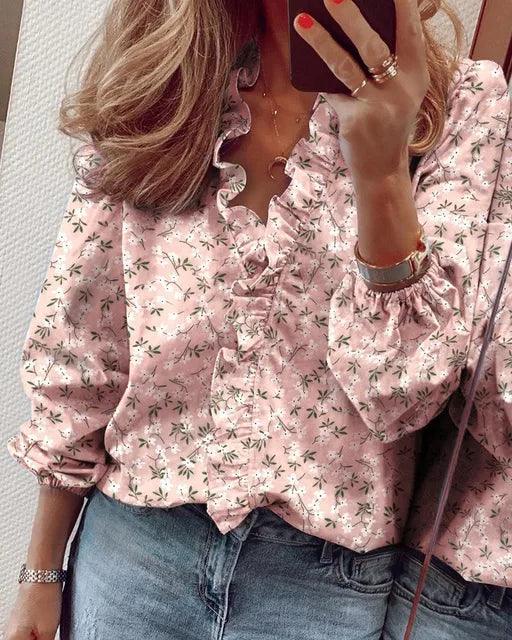 Blusa femenina con volante y escote en forma de V | Estilo suave y femenino para el verano