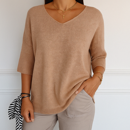 Top de punto para mujer con manga corta | Escote casual en forma de V imprescindible