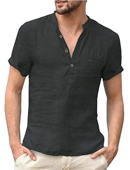Camisa de lino para hombre de manga corta | Cuello mao estilo veraniego