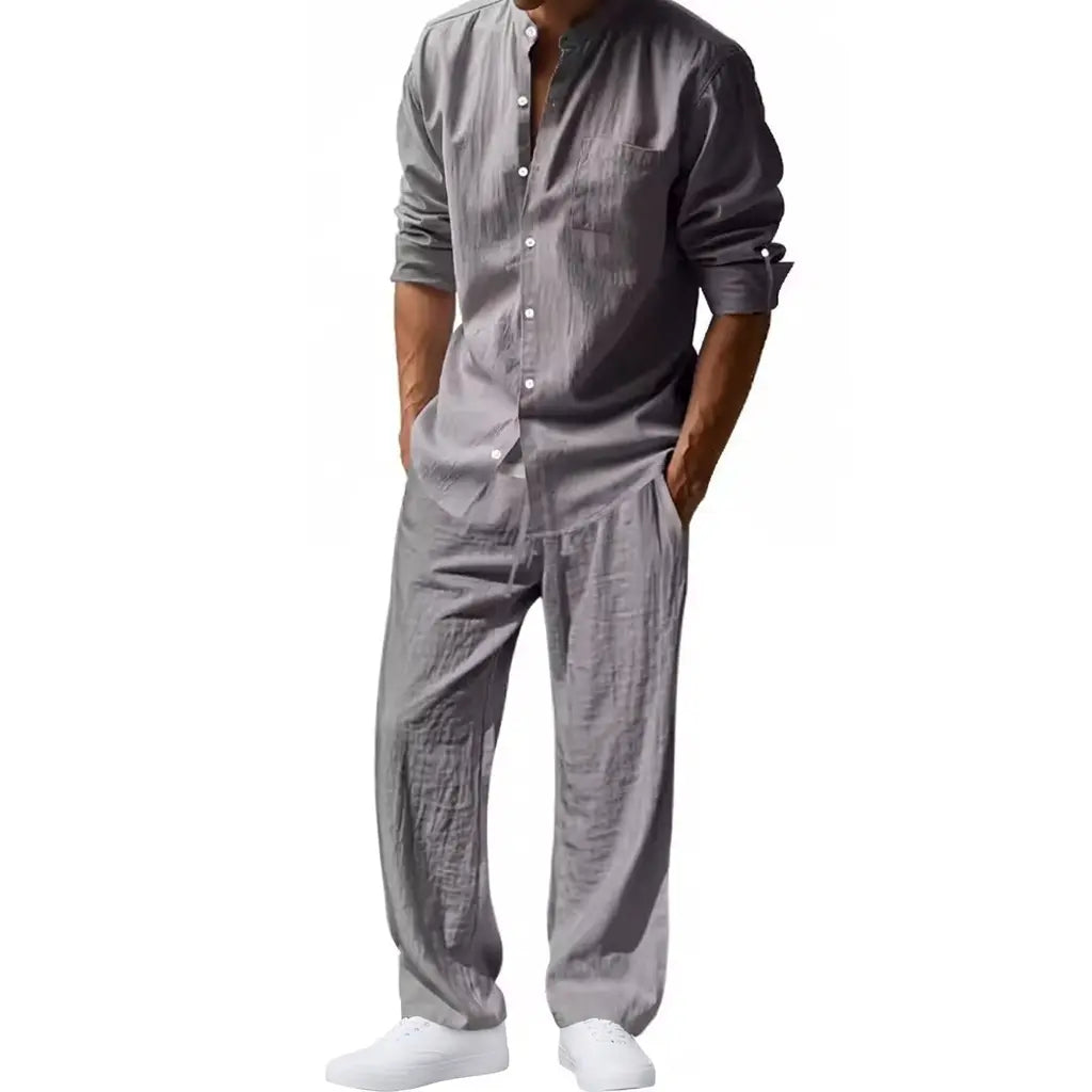 Men's Linen Style Two-Piece Set | Long Sleeve Shirt and Pants