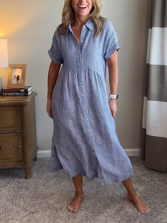 Vestido maxi camisero de mujer con rayas | Estilo con solapas y cierre de botones