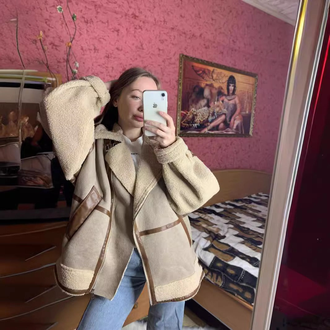 Damski Nadwymiarowy ze Sztucznego Zamszu i Sztucznego Futra Płaszcz