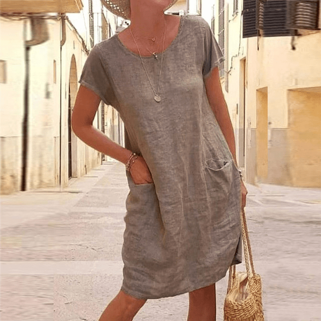 Vestito Midi Donna in Stile Lino | Maniche Corte e Tasche Frontali