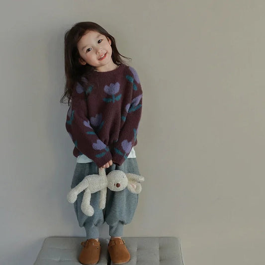 Suéter infantil de algodón con estampado floral | Acogedor y de cuello redondo