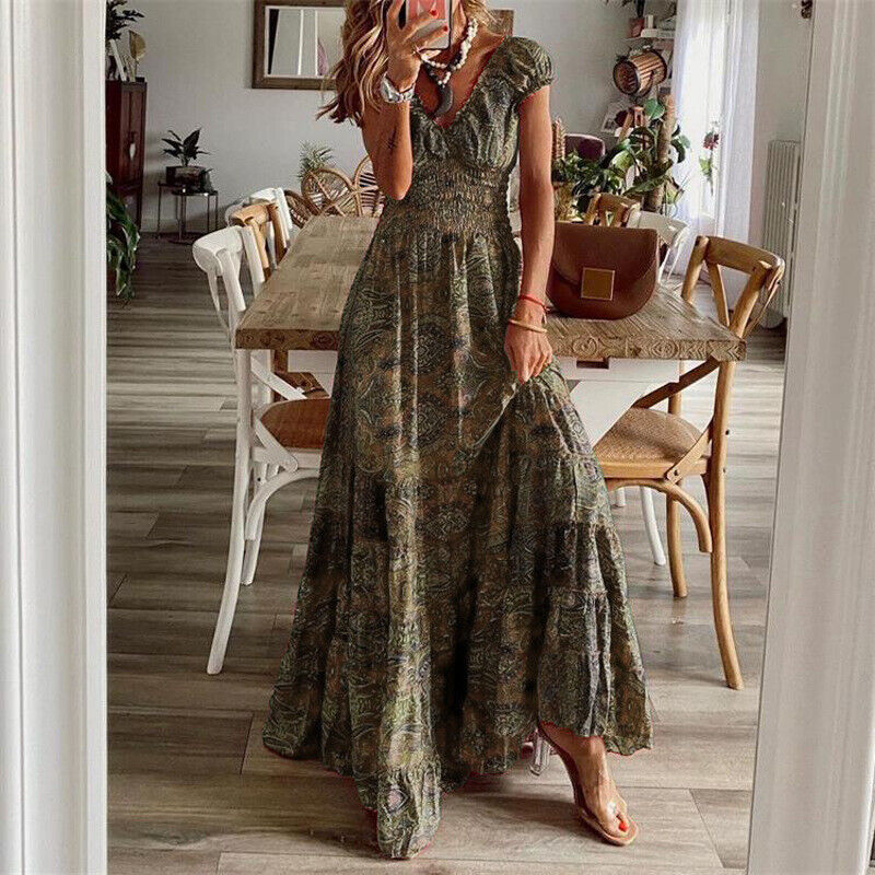 Corly | Sukienka maxi w stylu bohemy z dopasowaną talią