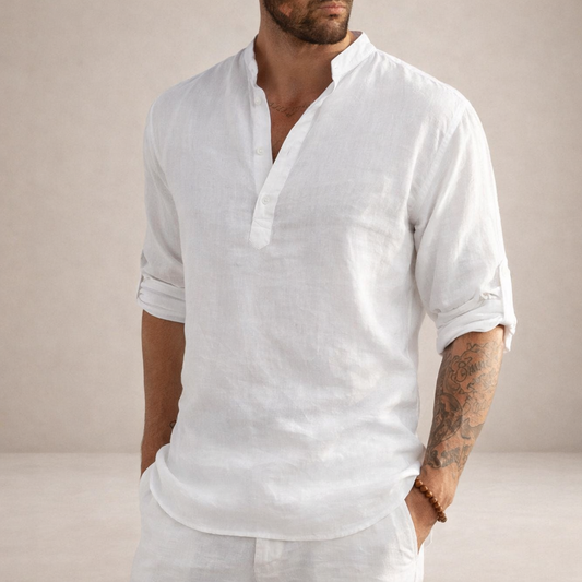Camisa de hombre de manga larga con cuello mao | Corte regular estilo lino transpirable