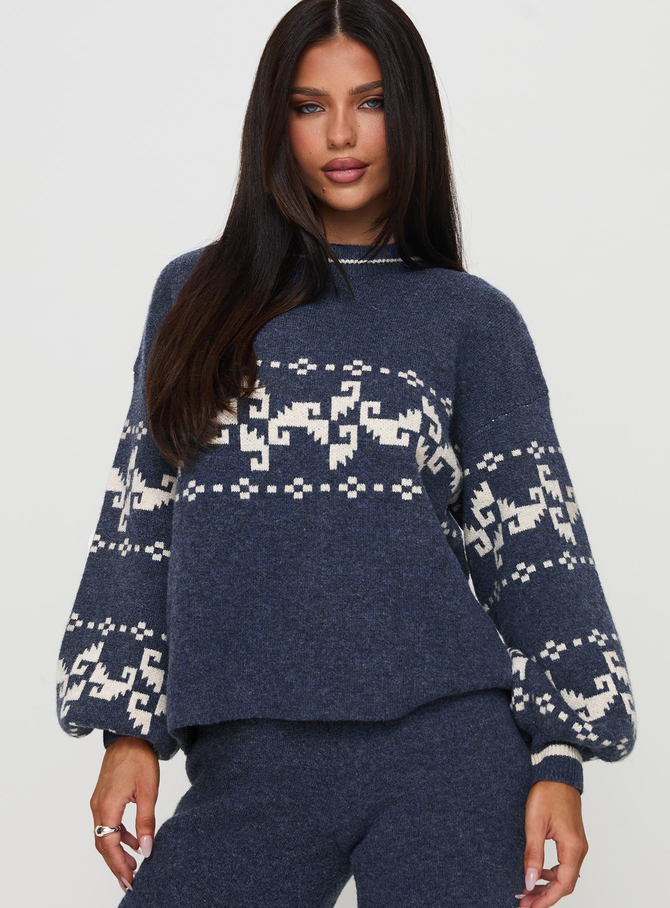 Women's Blue-Cream Patterned Knit Sweater