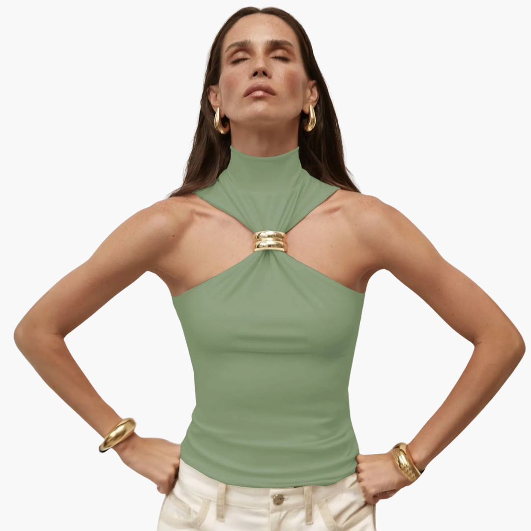 Damskie Top Z Dekoltem Typu Halter | Szykowny Wysoka Szyja Złotymi Detalami Top