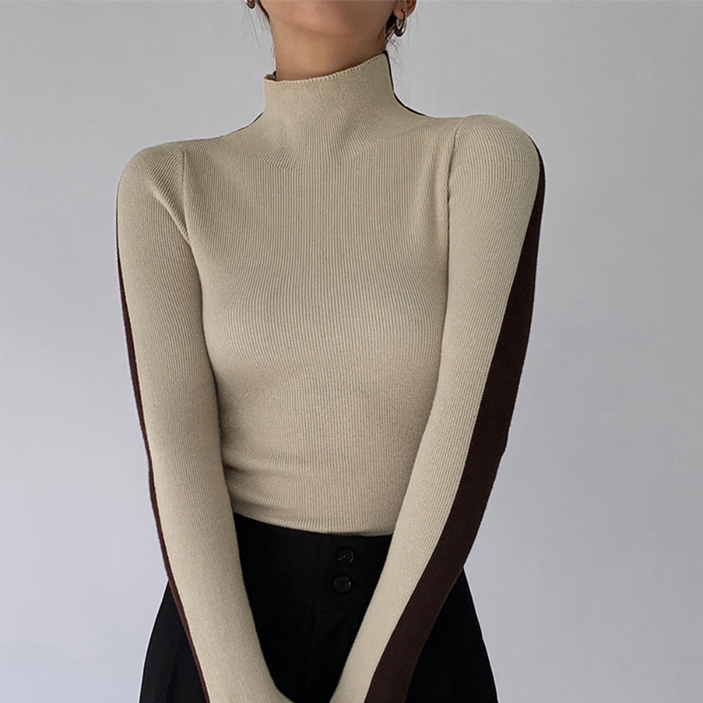 Damski Dwukolorowy Wąski Sweter z Dzianiny z Golfem