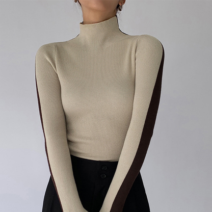 Damski Dwukolorowy Wąski Sweter z Dzianiny z Golfem