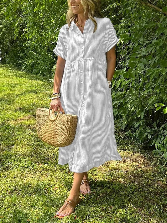 Vestido maxi camisero de mujer con rayas | Estilo con solapas y cierre de botones