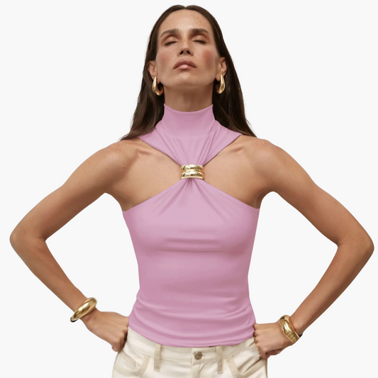 Top de mujer con escote halter | Elegante cuello alto con detalles dorados Top