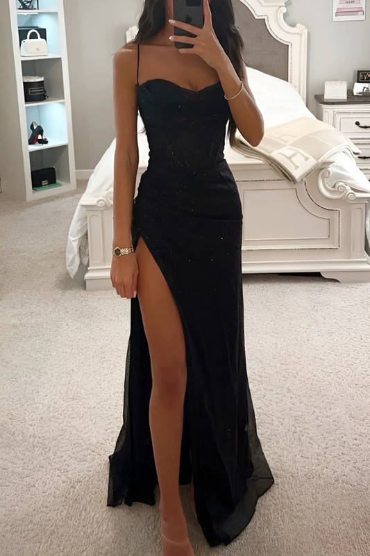 Vestido de Noche para Mujer con Tirantes Tipo Espagueti | Largo Alto hasta el Suelo con Abertura