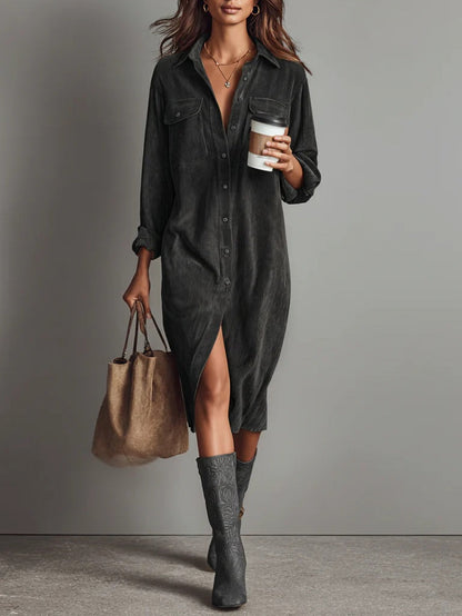Robe midi en velours côtelé pour femme | Coupe décontractée avec poches poitrine