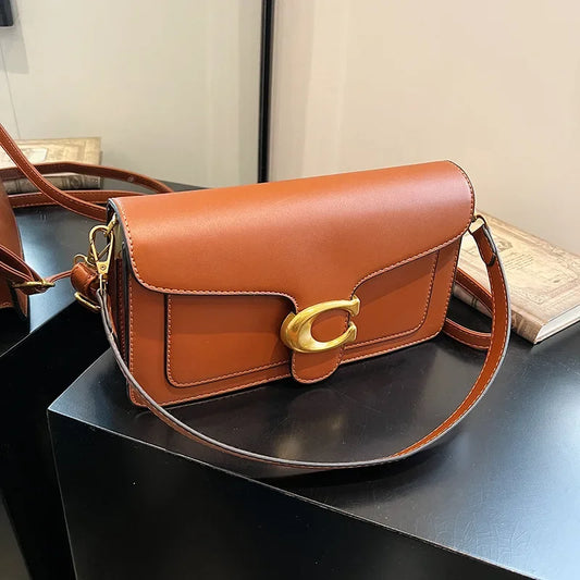 Minimalist Square Leather Crossbody Bag with Brass Buckle