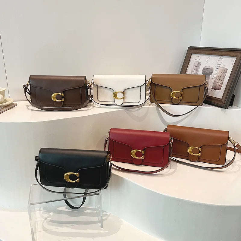 Minimalist Square Leather Crossbody Bag with Brass Buckle
