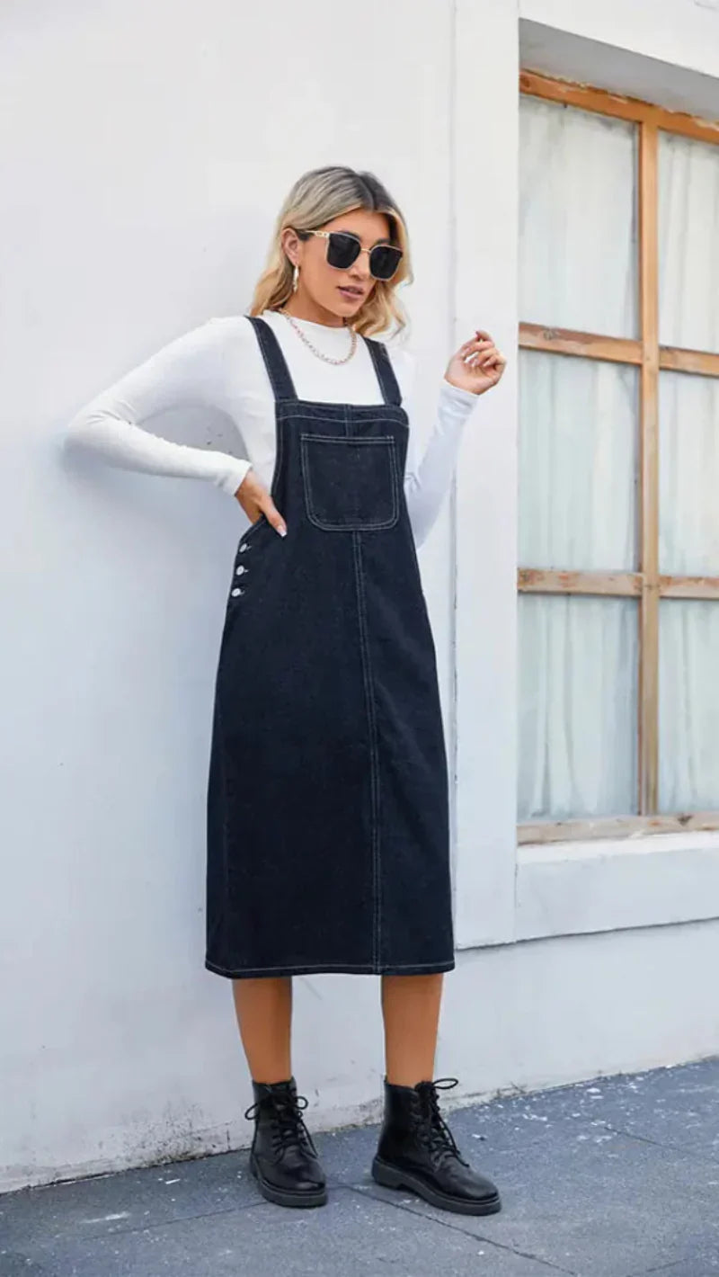 Vestito Midi Salopette in Stile Jeans da Donna