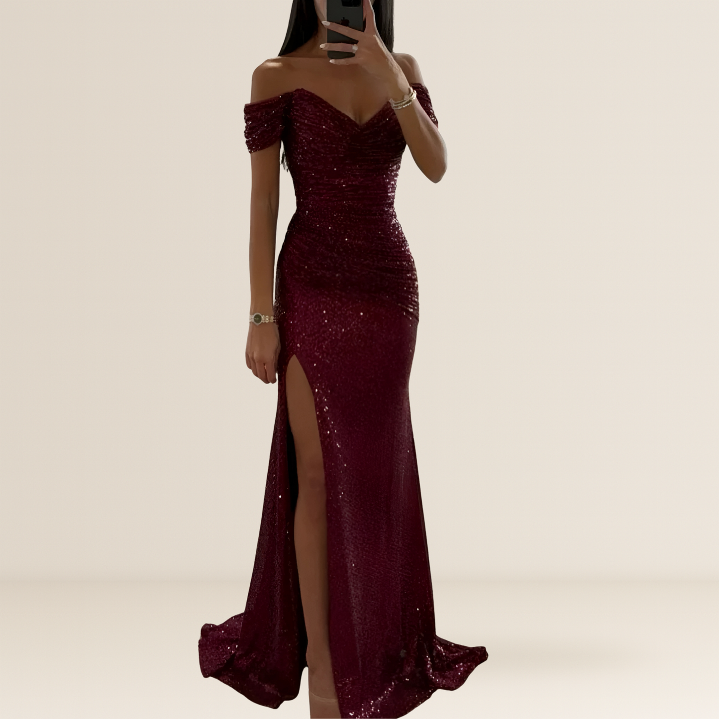 Robe de soirée longue pour femme | Épaules dénudées, paillettes et fente à l'avant