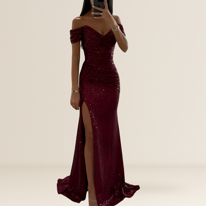 Robe de soirée longue pour femme | Épaules dénudées, paillettes et fente à l'avant