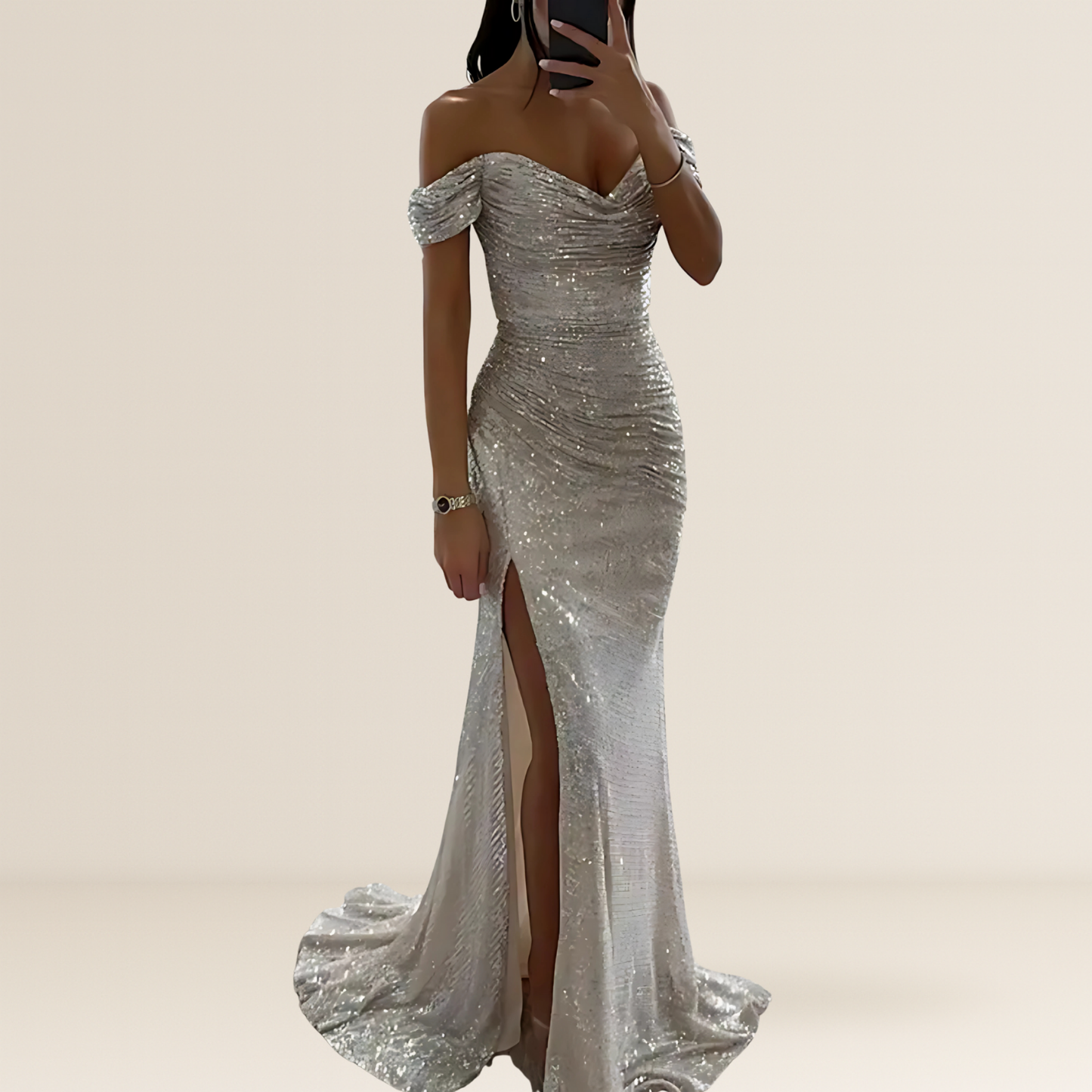 Robe de soirée longue pour femme | Épaules dénudées, paillettes et fente à l'avant