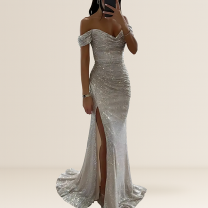 Robe de soirée longue pour femme | Épaules dénudées, paillettes et fente à l'avant