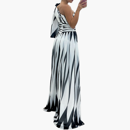 Vestido Maxi de Un Hombro con Rayas | Elegante Vestido de Noche con Abertura