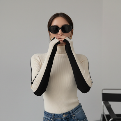 Damski Dwukolorowy Wąski Sweter z Dzianiny z Golfem