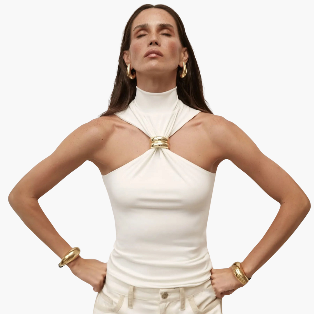 Damskie Top Z Dekoltem Typu Halter | Szykowny Wysoka Szyja Złotymi Detalami Top