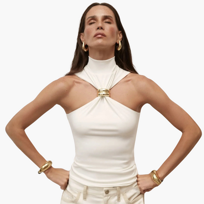Damskie Top Z Dekoltem Typu Halter | Szykowny Wysoka Szyja Złotymi Detalami Top