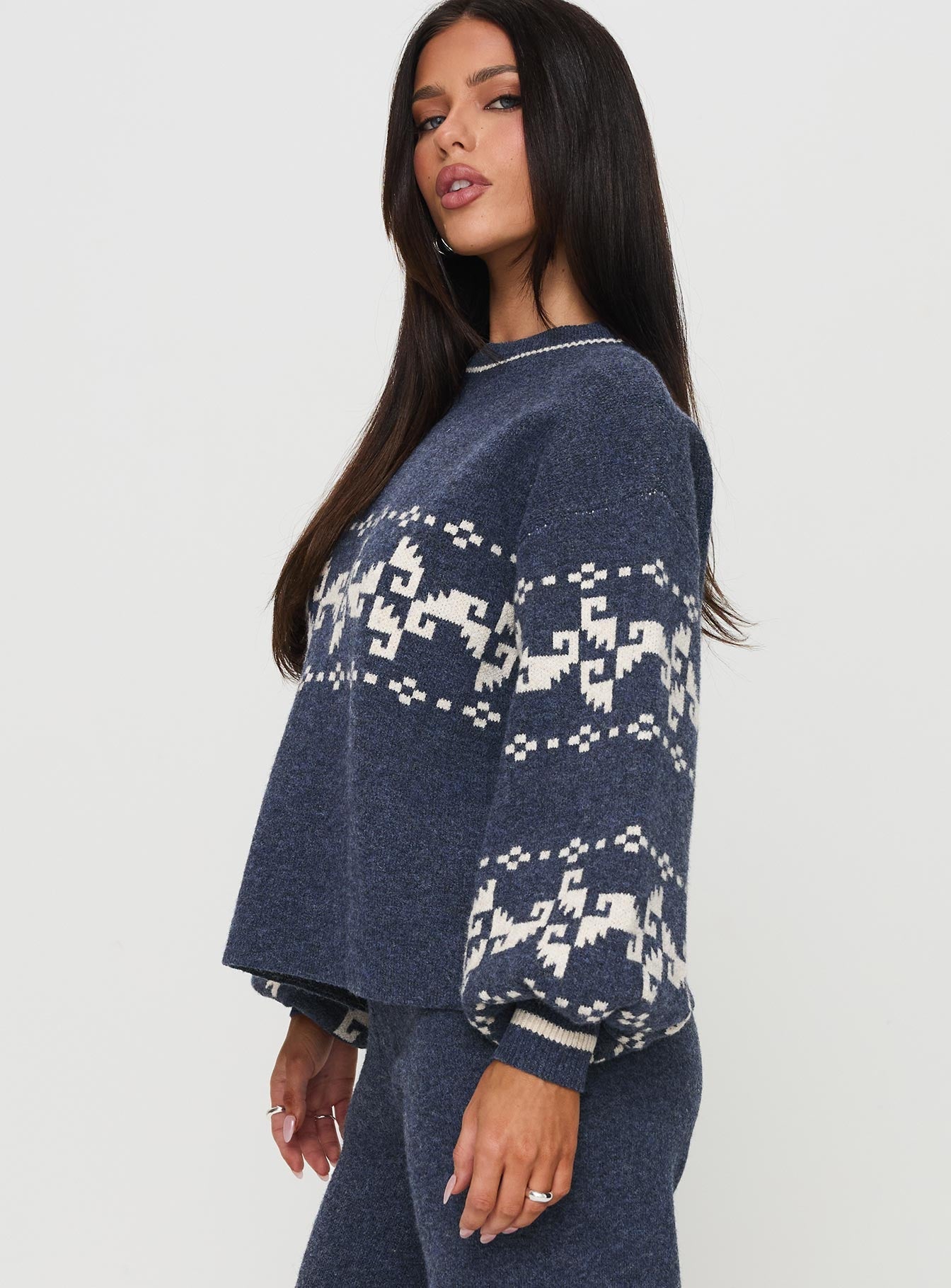 Women's Blue-Cream Patterned Knit Sweater