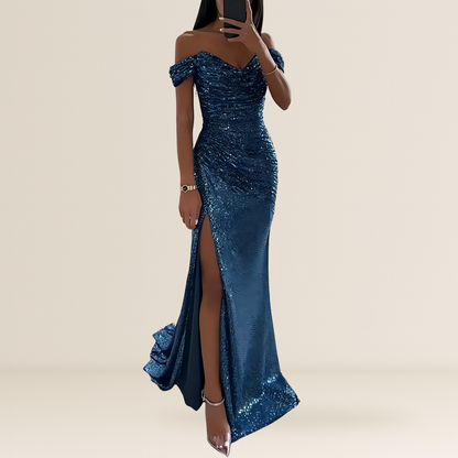 Robe de soirée longue pour femme | Épaules dénudées, paillettes et fente à l'avant